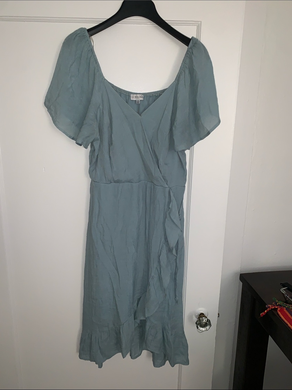 Luxology Dusty Blue Wrap Midi Dress with Flutter Sleeves
